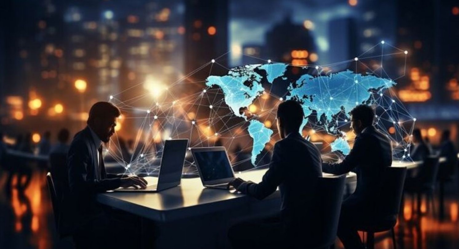 group of people using laptop with a map infront